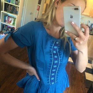 Peplum Embroidered Chambray Top